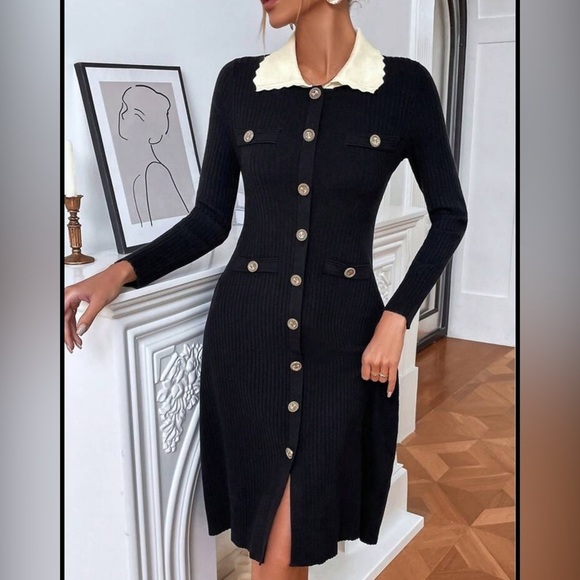 New Black Contrast Peter Pan Collar Elegant Knit Midi Dress Size Large 🔥✨ - Picture 3 of 4